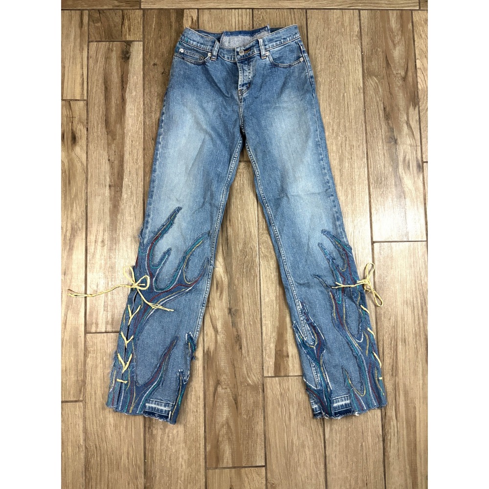 Y2K Custom‎ Flame Jeans Lace Up Back Button Fly Festival Denim 2